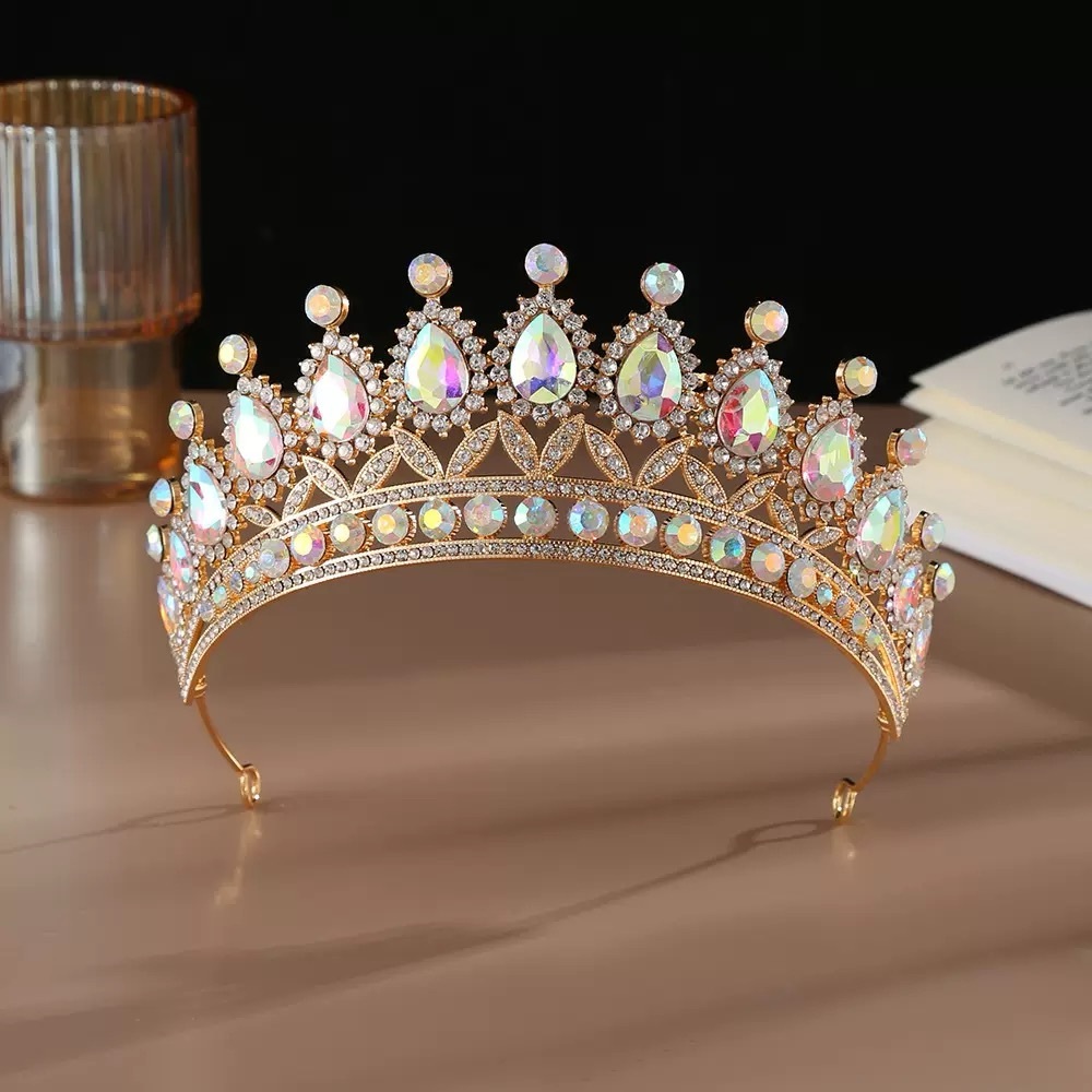 AB Crystal Gold Crystal Tiara Crown - Iridescent Gem Rhinestone Headpiece